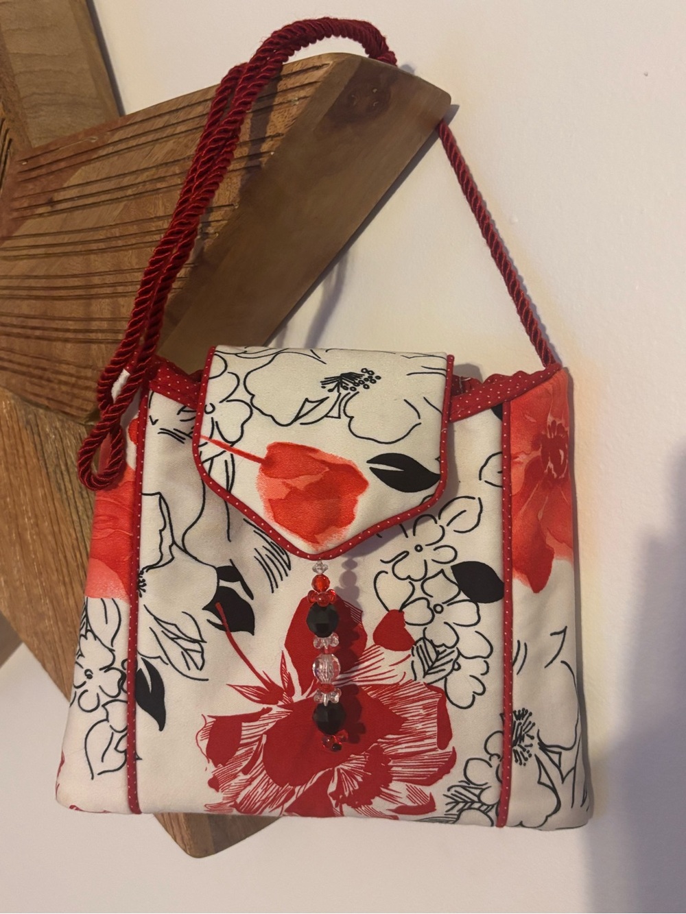 Red Floral Shoulder Bag with Beaded Detail